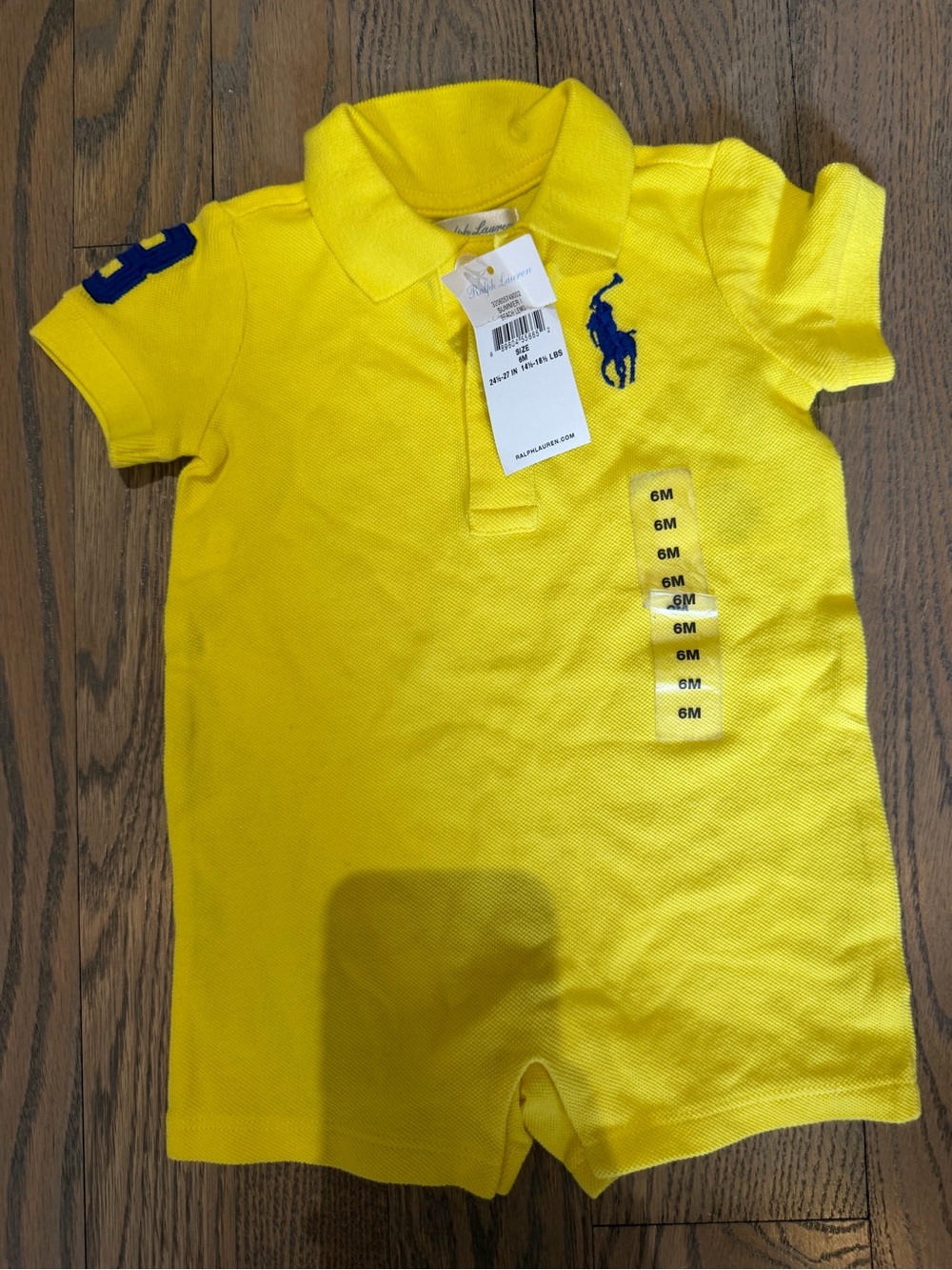 Ralph Lauren Yellow Baby Polo Romper with Blue Pony Accent